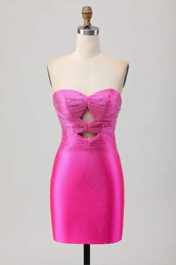 Fuchsia Axelbandslös Utskuren Pärlstav Bodycon Kort Balklänning