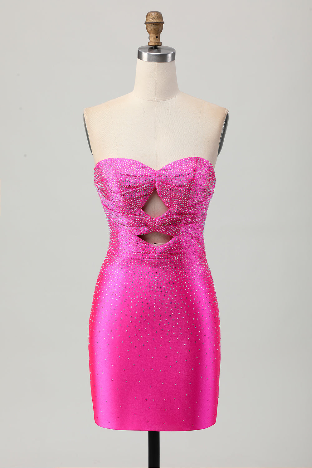 Fuchsia Axelbandslös Utskuren Pärlstav Bodycon Kort Balklänning