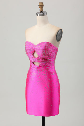 Fuchsia Axelbandslös Utskuren Pärlstav Bodycon Kort Balklänning