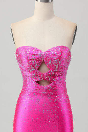 Fuchsia Axelbandslös Utskuren Pärlstav Bodycon Kort Balklänning