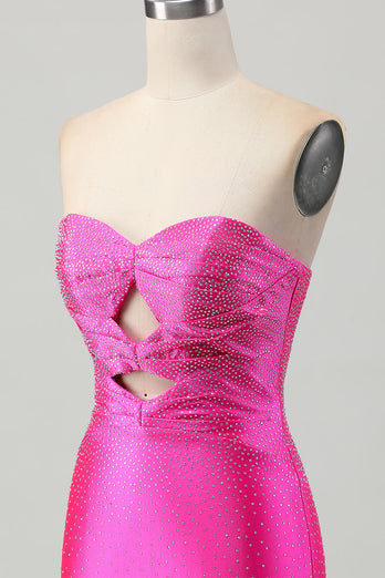 Fuchsia Axelbandslös Utskuren Pärlstav Bodycon Kort Balklänning