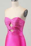 Fuchsia Axelbandslös Utskuren Pärlstav Bodycon Kort Balklänning