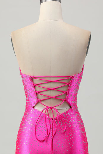 Fuchsia Axelbandslös Utskuren Pärlstav Bodycon Kort Balklänning