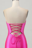 Fuchsia Axelbandslös Utskuren Pärlstav Bodycon Kort Balklänning