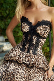 Khaki Leopard Tryckt Ruffled Kort Homecoming Klänning med Spets