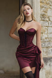 Vinröd Bodycon Älskling Rynkad Korsett Satin Kort Homecoming Klänning