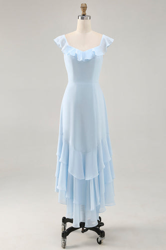 Himmelsblå Ruffled Scoop Neck En linje Brudtärna Klänning
