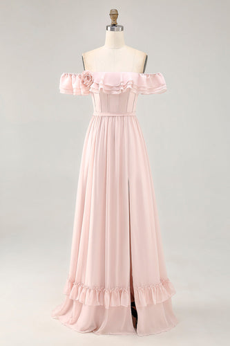 Off The Shoulder Rodna Ruffled En Linje Brudtärna Klänning Med Slits