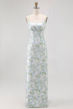 Blå Spaghetti Strap Satin Pastell Blommig Lång Brudtärna Klänning Med Fickor