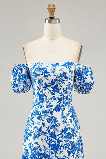 Off The Shoulder Blå Blommig Tryckt Bröllop Gäst Klänning Med Slits