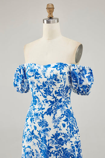Off The Shoulder Blå Blommig Tryckt Bröllop Gäst Klänning Med Slits