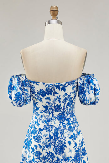 Off The Shoulder Blå Blommig Tryckt Bröllop Gäst Klänning Med Slits