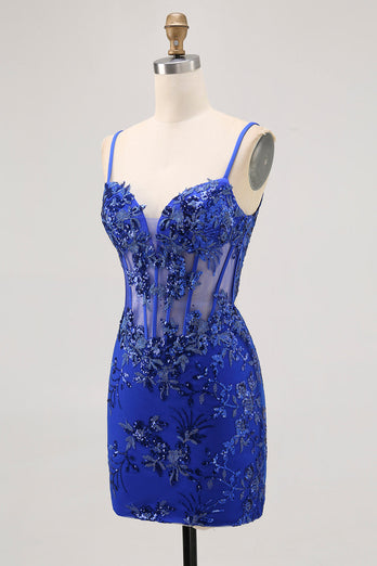 Mörkgrön Bodycon Rygglös Sheer Korsett Kort Balklänning med Paljetter