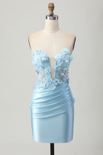 Himmelsblå Satin Bodycon Axelbandslösa Paljetter Kort Homecoming Klänning med Appliques