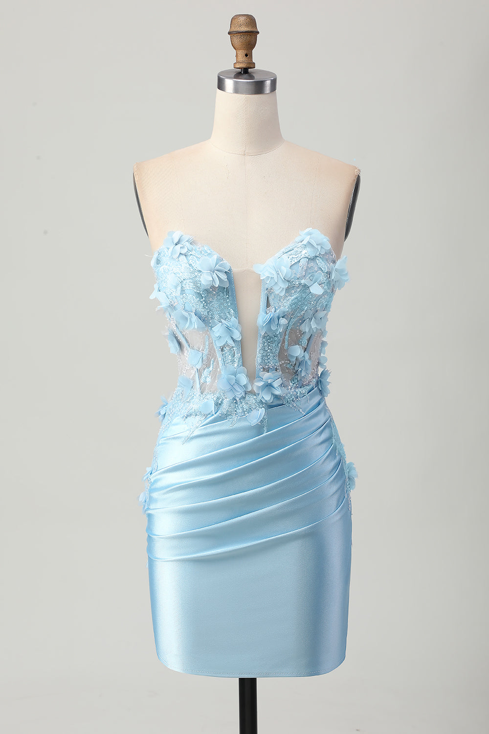 Himmelsblå Satin Bodycon Axelbandslösa Paljetter Kort Homecoming Klänning med Appliques
