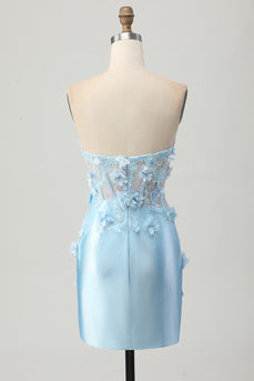 Himmelsblå Satin Bodycon Axelbandslösa Paljetter Kort Homecoming Klänning med Appliques
