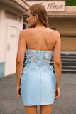 Sky Blue Satin Axelbandslös Bodycon Kort Balklänning med Paljetter