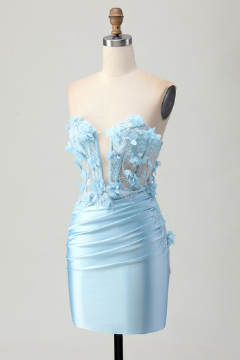 Himmelsblå Satin Bodycon Axelbandslösa Paljetter Kort Homecoming Klänning med Appliques