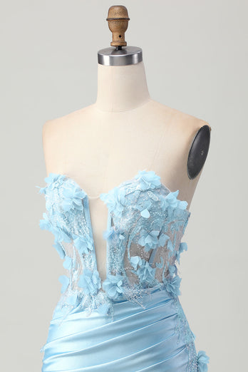 Himmelsblå Satin Bodycon Axelbandslösa Paljetter Kort Homecoming Klänning med Appliques