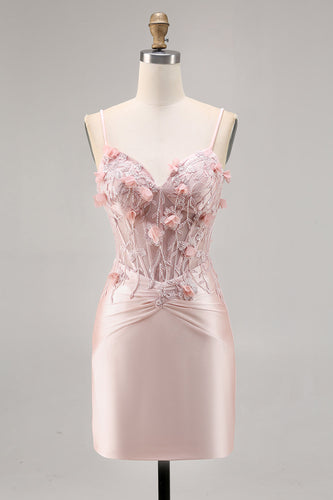 Rosa Satin Korsett Bodycon Homecoming Klänning med Appliques