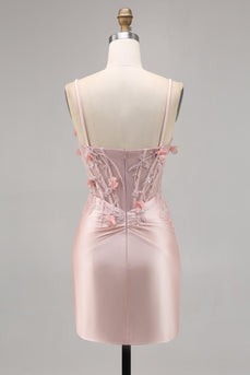Rosa Satin Korsett Bodycon Homecoming Klänning med Appliques