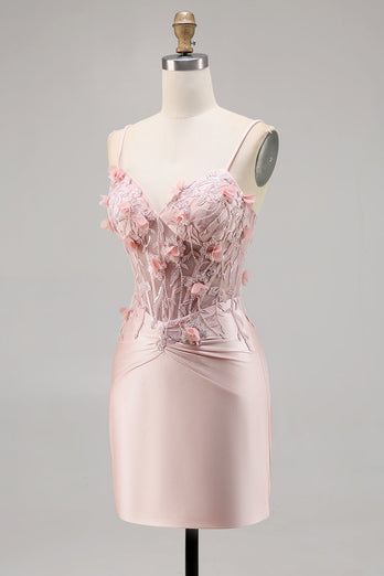 Rosa Satin Korsett Bodycon Homecoming Klänning med Appliques