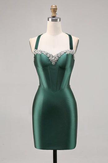 Mörkgrön korsett Satin Backless Bodycon Homecoming Klänning