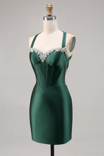 Korsett Satin Bodycon Mörkgrön Homecoming Klänning