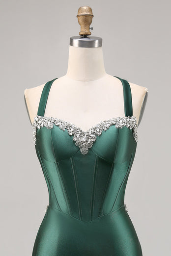 Korsett Satin Bodycon Mörkgrön Homecoming Klänning