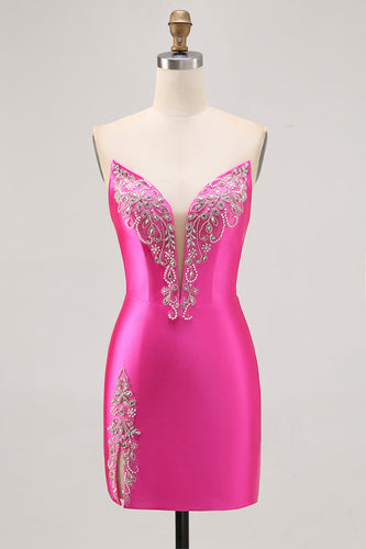 Fuchsia Axelbandslös pärlstav Bodycon Homecoming Klänning med slits