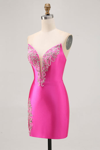 Fuchsia Axelbandslös pärlstav Bodycon Homecoming Klänning med slits