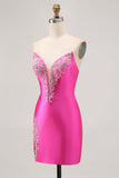 Fuchsia Axelbandslös pärlstav Bodycon Homecoming Klänning med slits