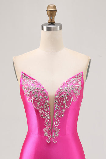 Fuchsia Axelbandslös pärlstav Bodycon Homecoming Klänning med slits