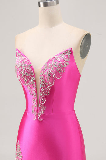 Fuchsia Axelbandslös pärlstav Bodycon Homecoming Klänning med slits