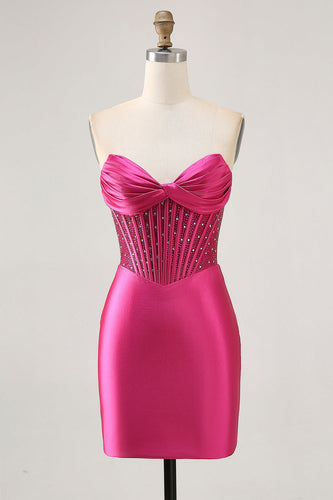 Glittrande Fuchsia Korsett Tight Satin Kort Homecoming Klänning