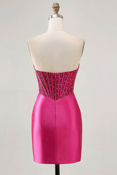 Glittrande Fuchsia Korsett Tight Satin Kort Homecoming Klänning