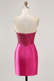 Glittrande Fuchsia Korsett Tight Satin Kort Homecoming Klänning