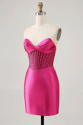 Glittrande Fuchsia Korsett Tight Satin Kort Homecoming Klänning