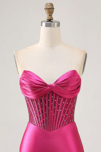 Glittrande Fuchsia Korsett Tight Satin Kort Homecoming Klänning