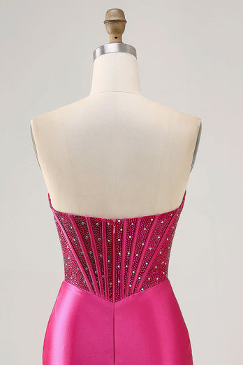 Glittrande Fuchsia Korsett Tight Satin Kort Homecoming Klänning
