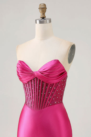 Glittrande Fuchsia Korsett Tight Satin Kort Homecoming Klänning