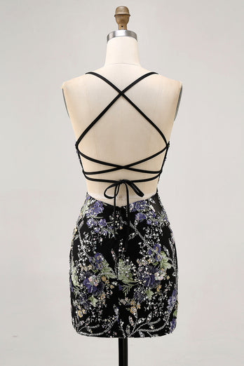 Svart Bodycon Kort Blommig Homecoming Klänning med Paljetter