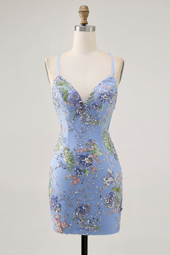 Svart Bodycon Kort Blommig Homecoming Klänning med Paljetter