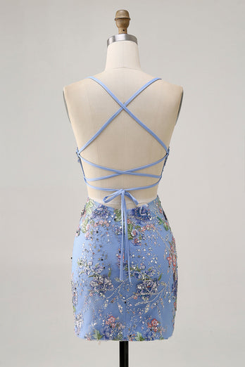 Bodycon Kort Blommig Påfågel Kort Balklänning med Paljetter