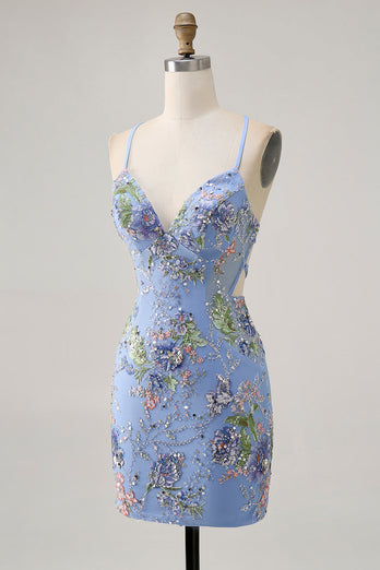 Svart Bodycon Kort Blommig Homecoming Klänning med Paljetter