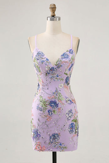 Bodycon Kort Blommig Påfågel Kort Balklänning med Paljetter