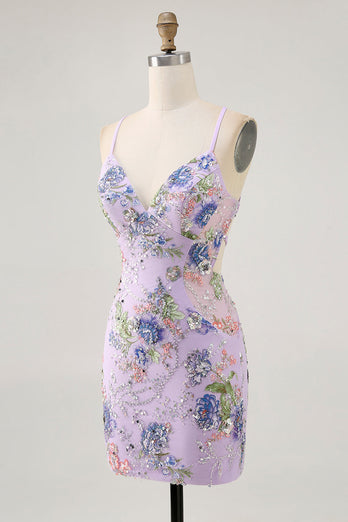 Bodycon Kort Blommig Påfågel Kort Balklänning med Paljetter