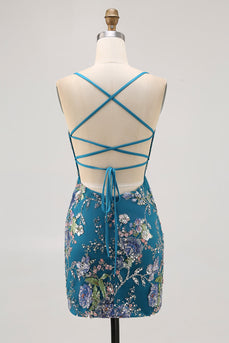 Bodycon Kort Blommig Påfågel Kort Balklänning med Paljetter