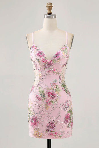 Svart Bodycon Kort Blommig Homecoming Klänning med Paljetter