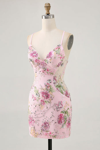 Svart Bodycon Kort Blommig Homecoming Klänning med Paljetter
